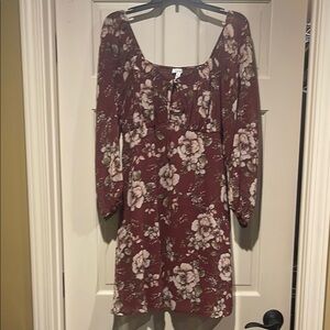 AUW Red and Cream Midi Sundress with Long Bishop Sleeves and Square Neck